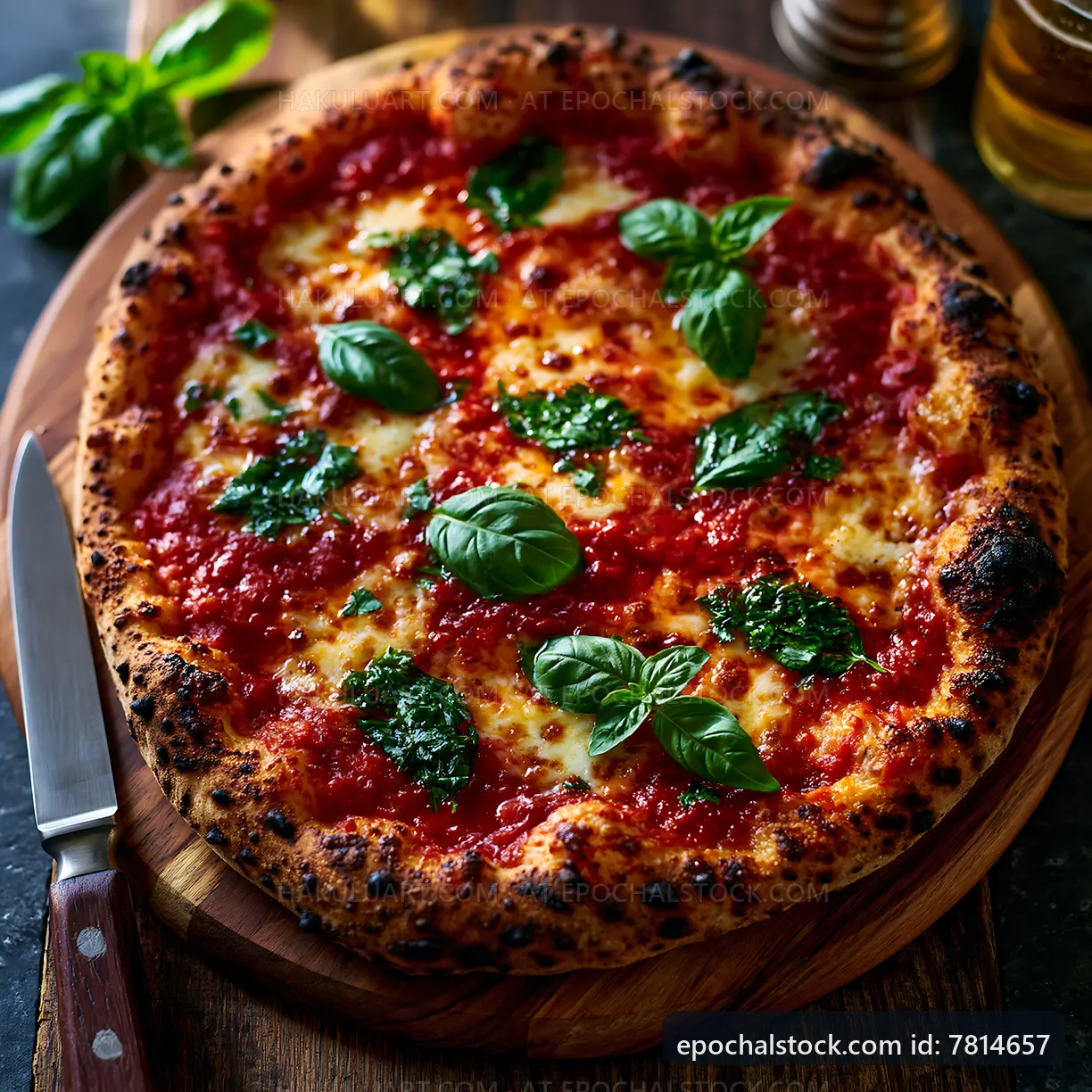 Freshly baked pizza with basil on a wooden board