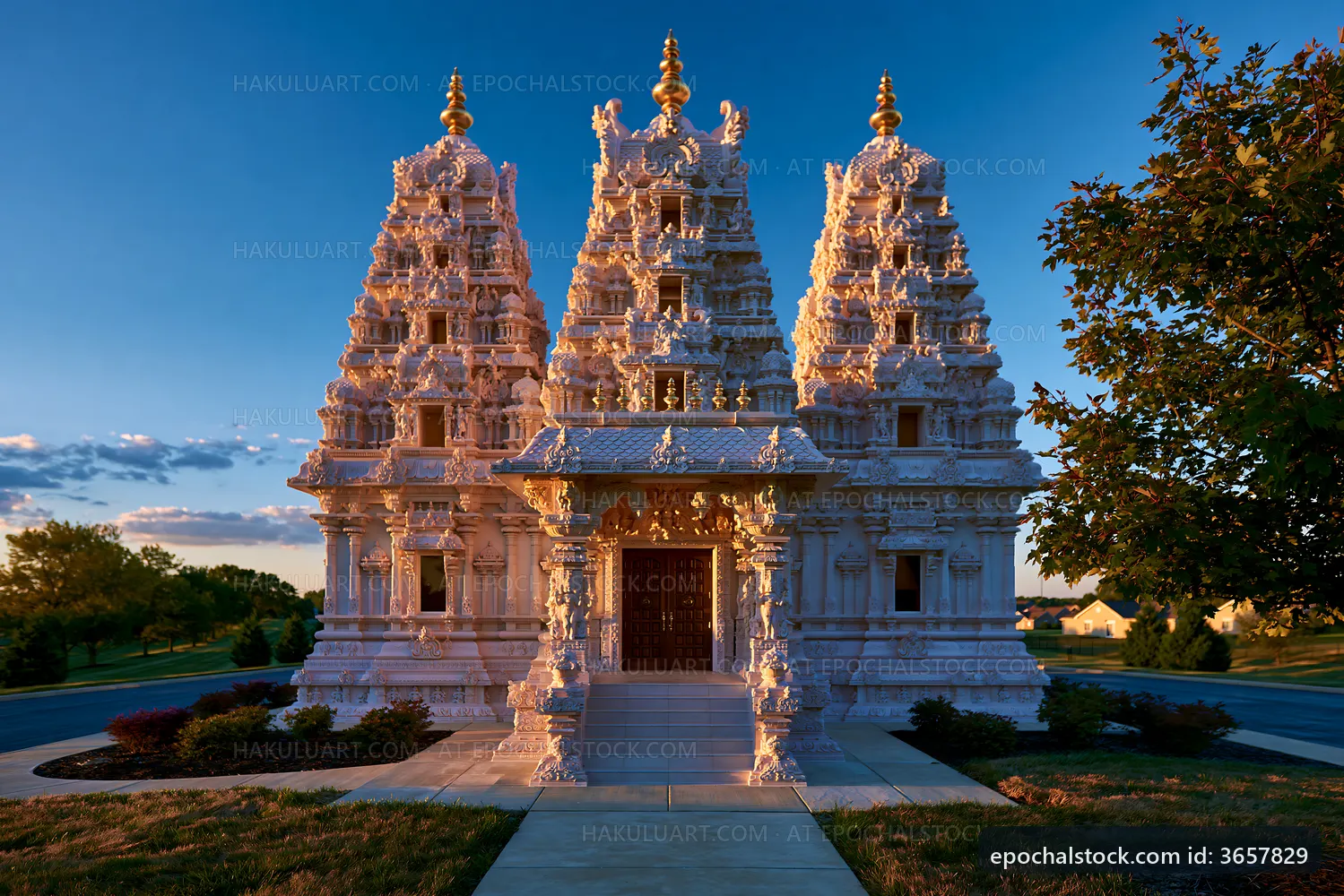 Hindu temple with ornate architecture in evening sunlight