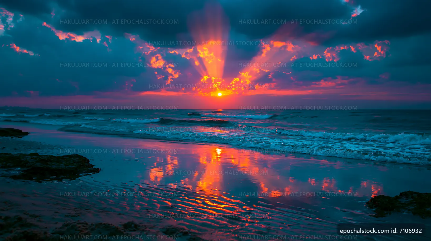 Sunset with colorful sky reflecting on ocean waves