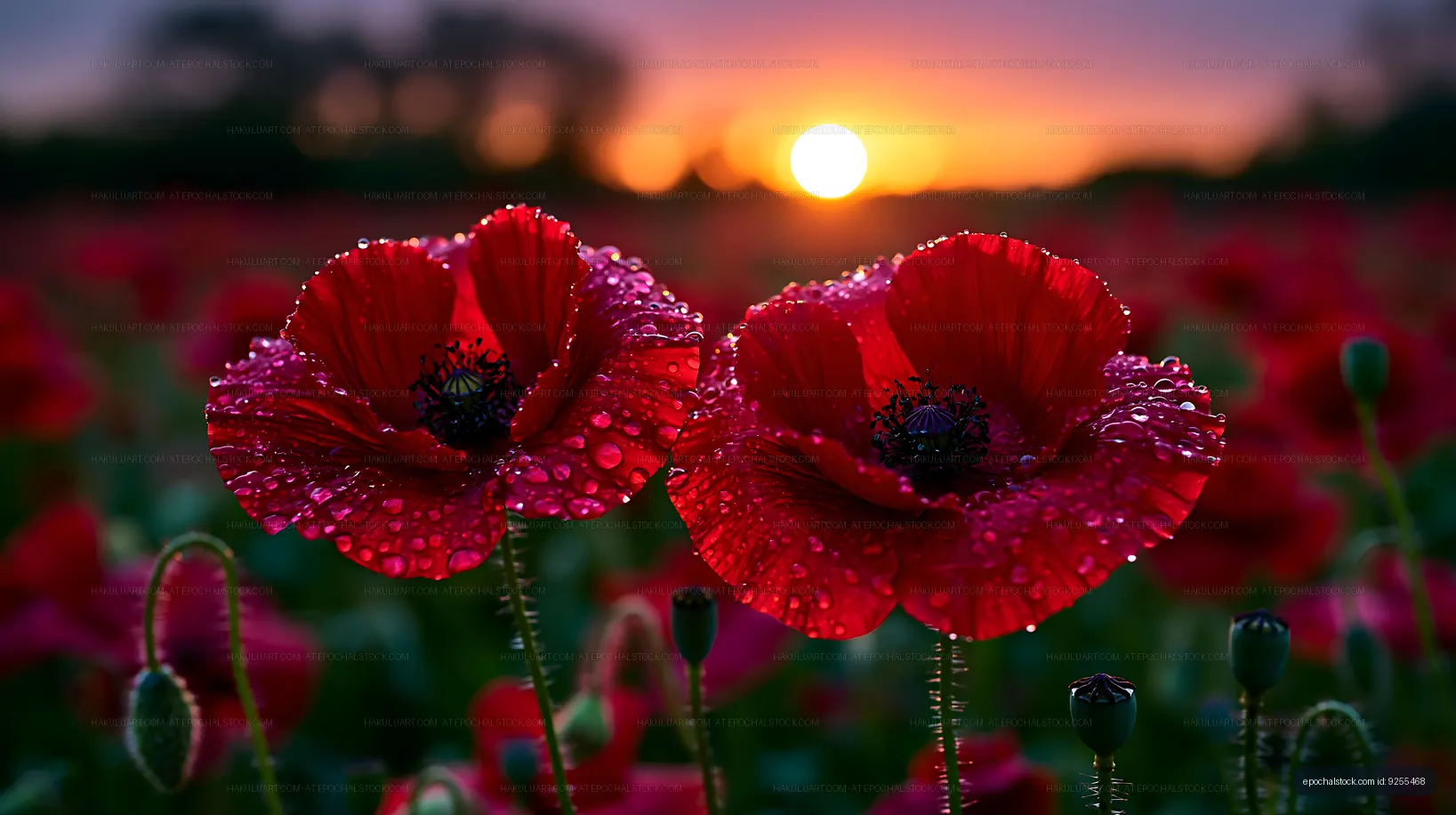 Red poppies with dew at sunrise in a field