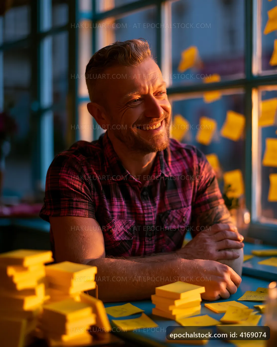 Man smiles while sitting by window with sticky notes
