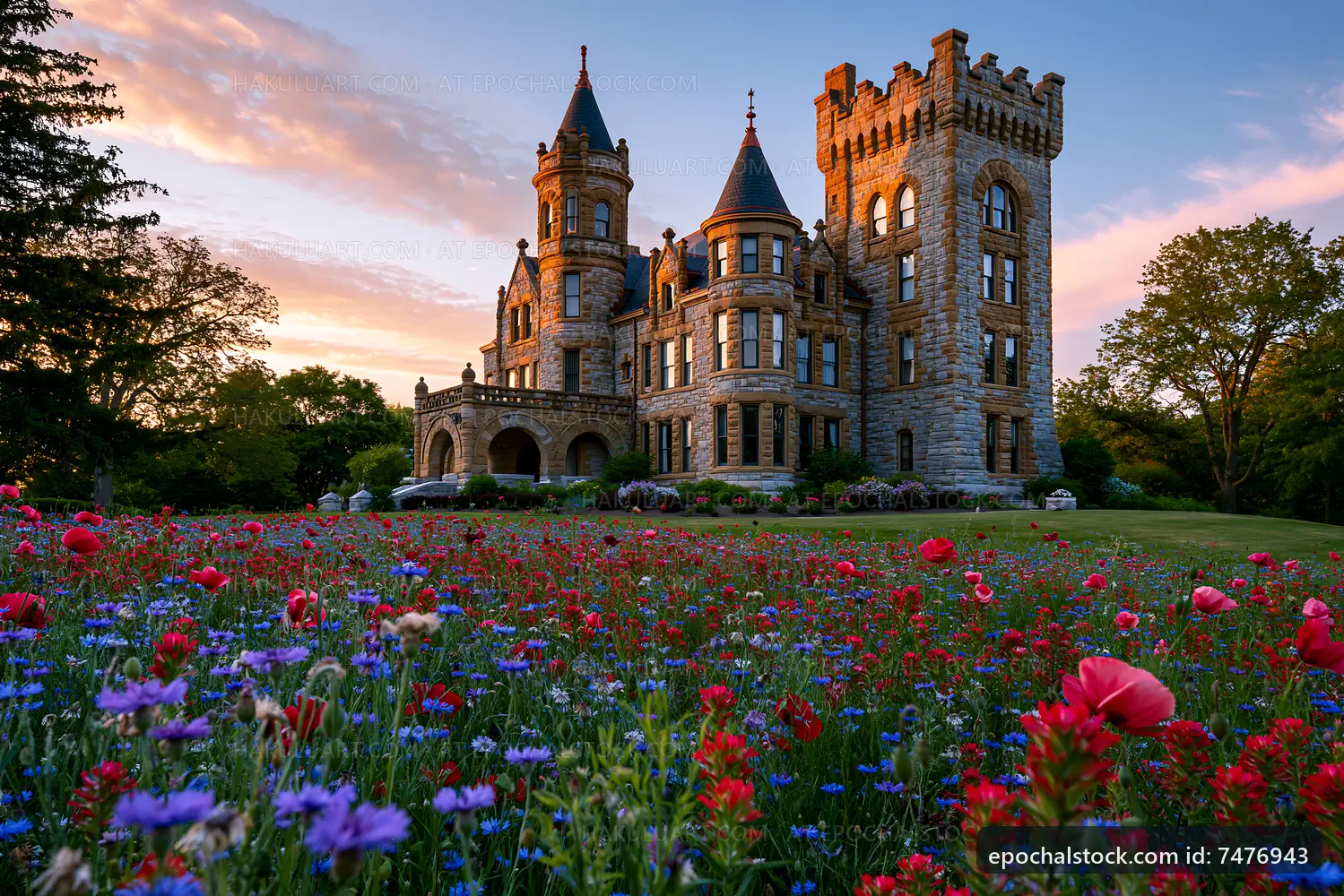 Historic castle on a garden with colorful flowers at sunset
