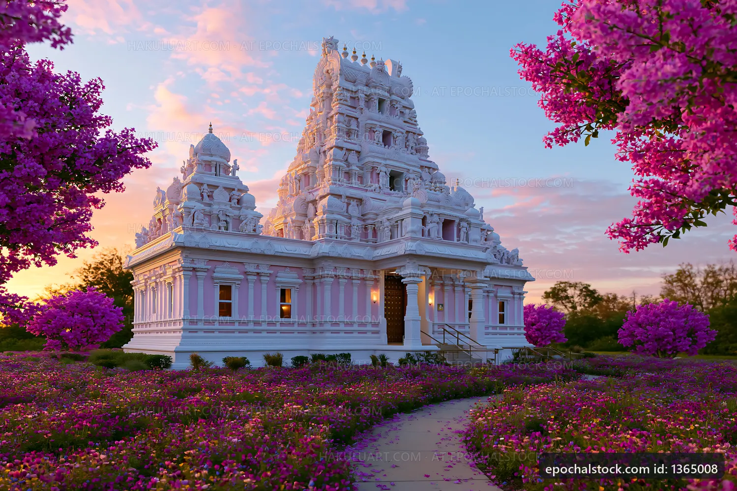 Beautiful temple surrounded by purple flowers at sunset