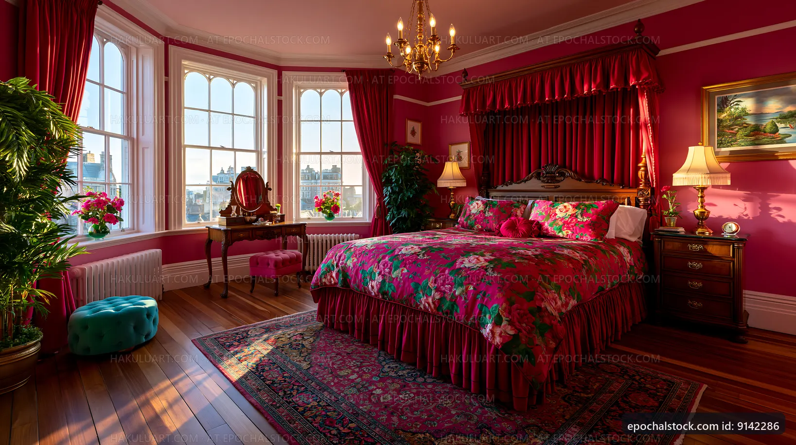 Bright bedroom with floral decor and large windows