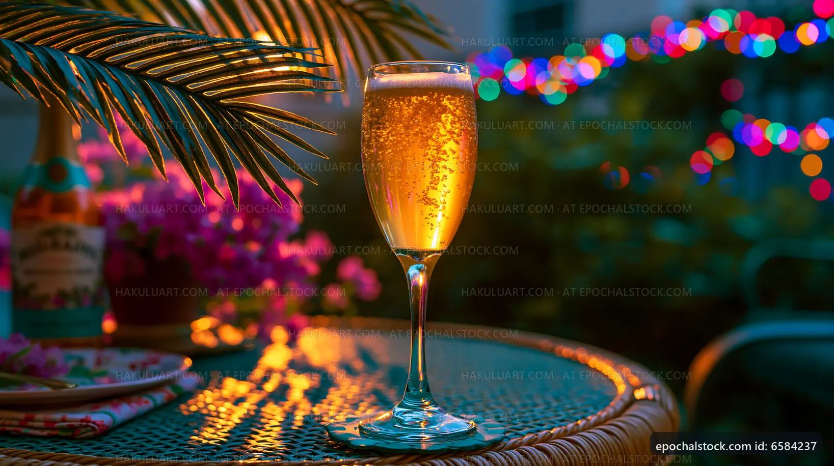 Sparkling drink on table with colorful lights in the background