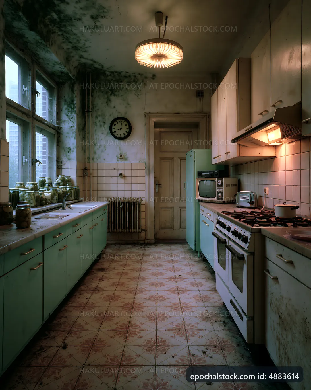 Old kitchen with peeling paint and rusty appliances