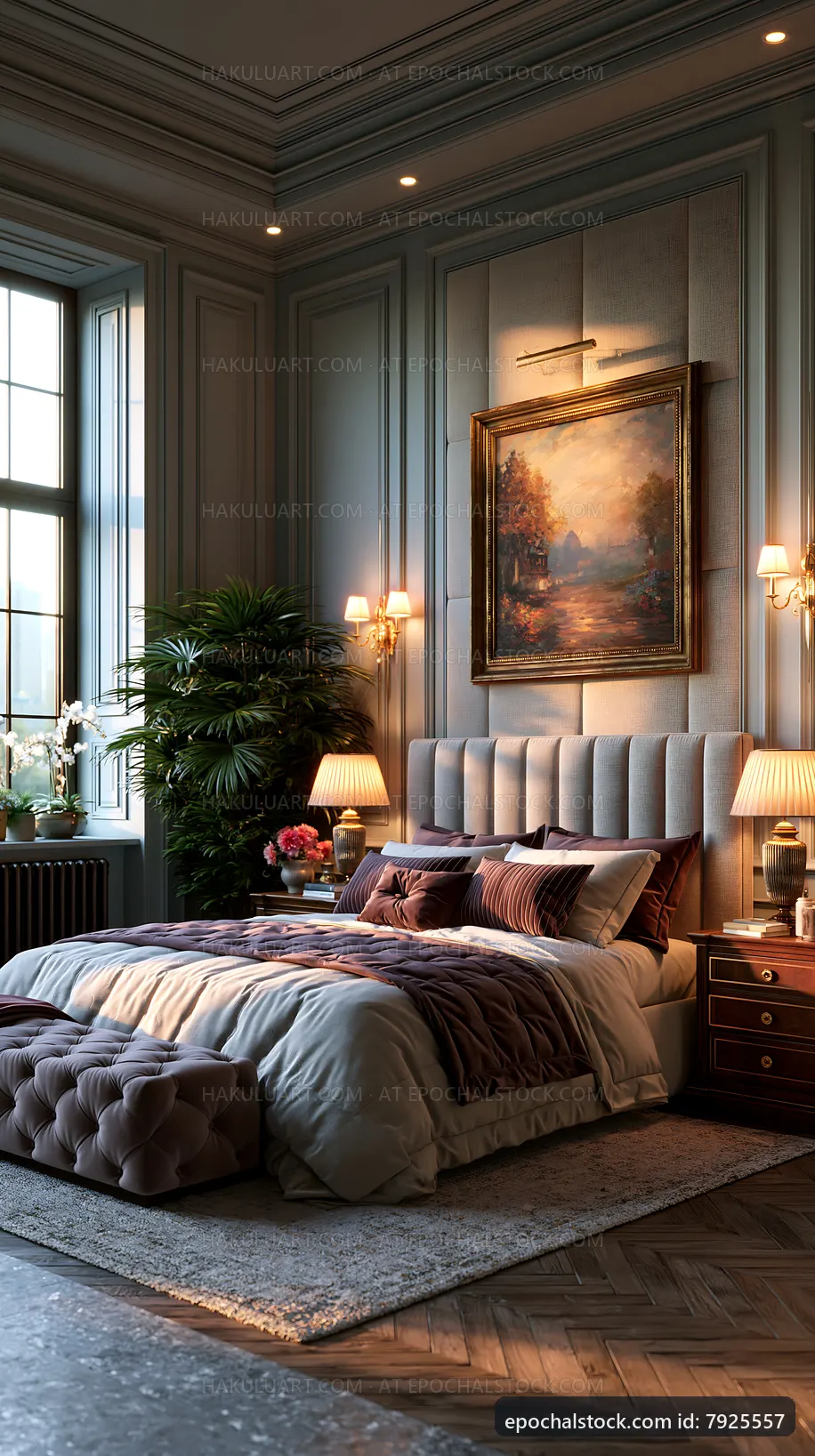 Modern bedroom with large window and cozy furnishings