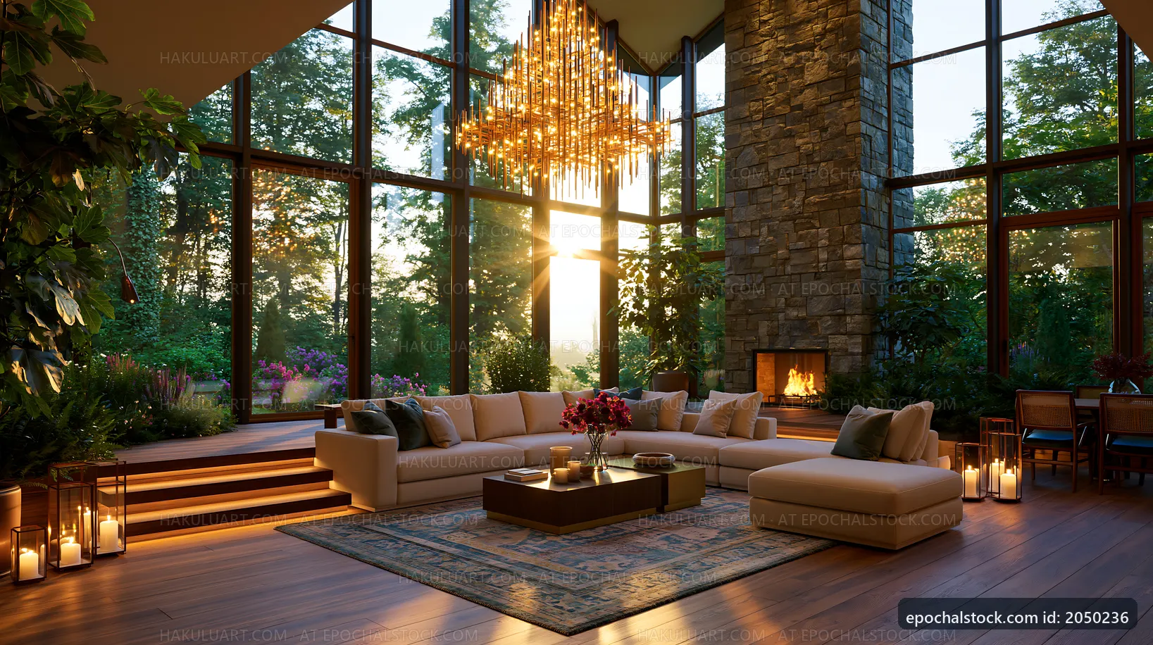Cozy living room with large windows and sunset view