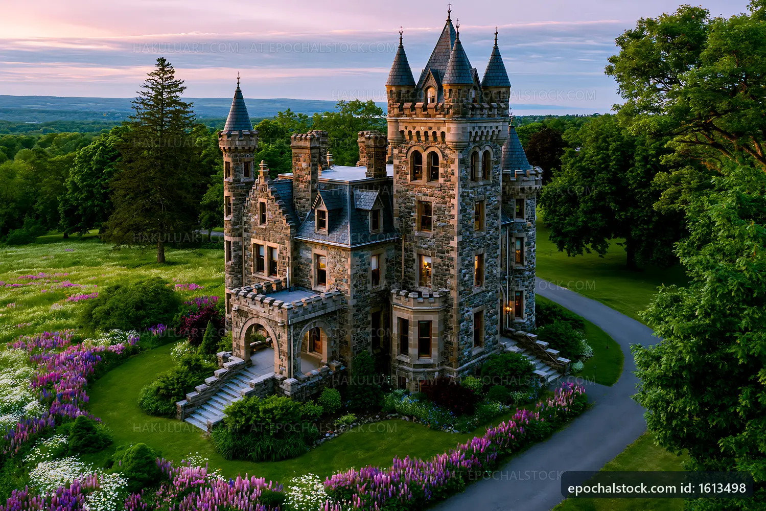 Castle surrounded by colorful flowers and green trees