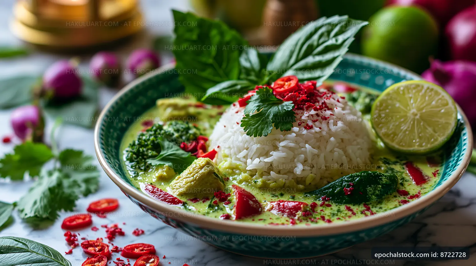 Green curry with rice and fresh herbs on a marble table