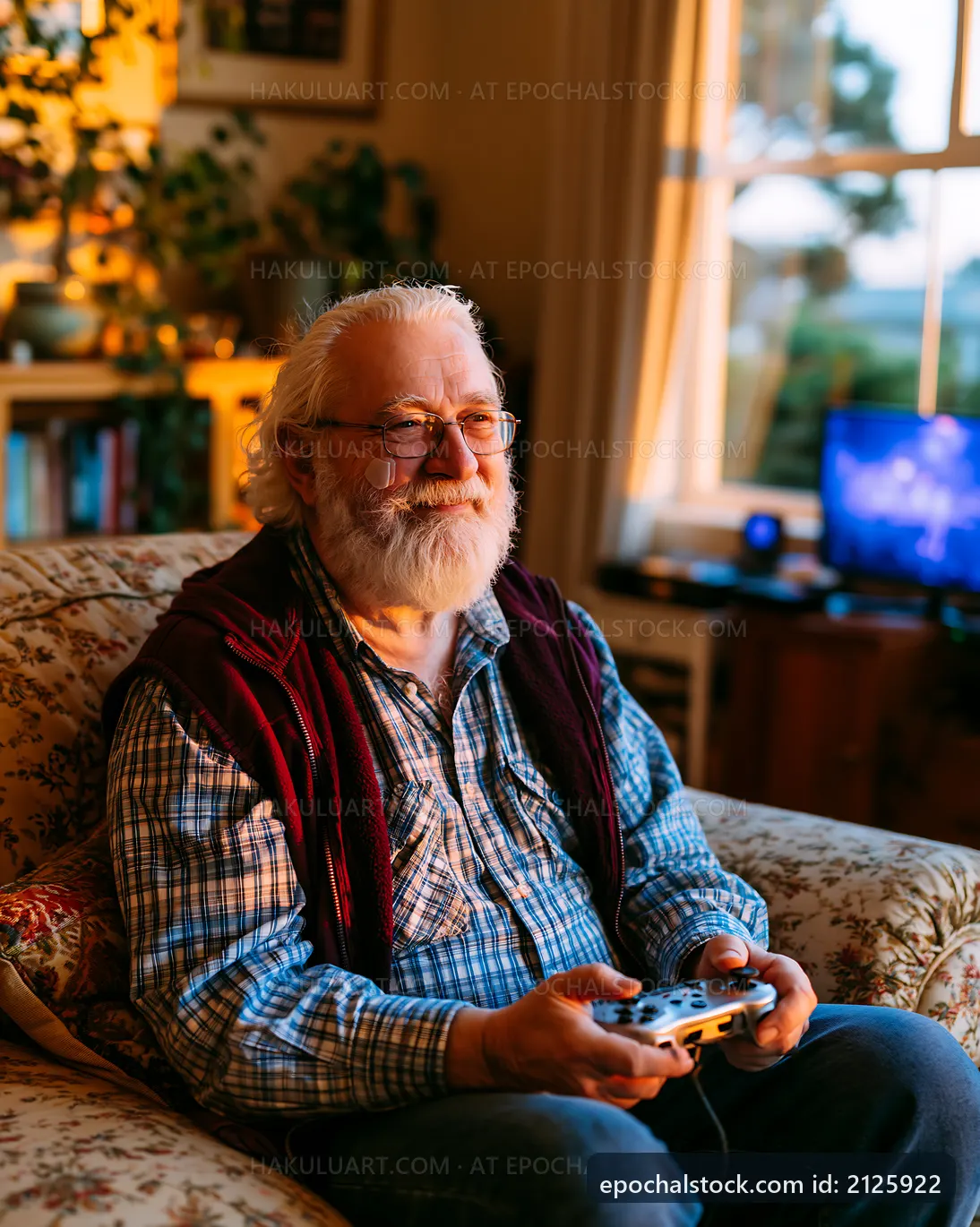Senior man playing video games in cozy living room