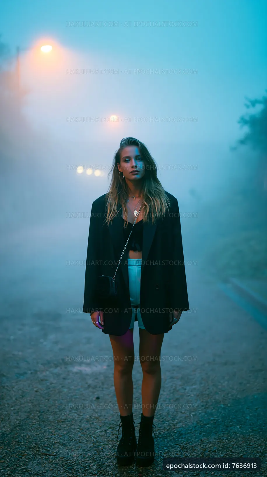 Young woman stands on a foggy street in a stylish outfit