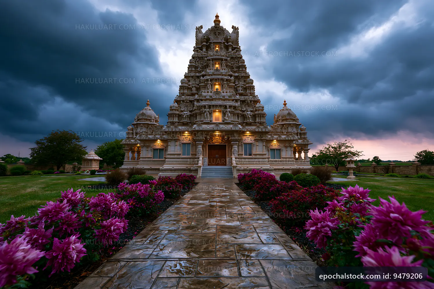 Hindu temple with flowers and stormy sky at twilight
