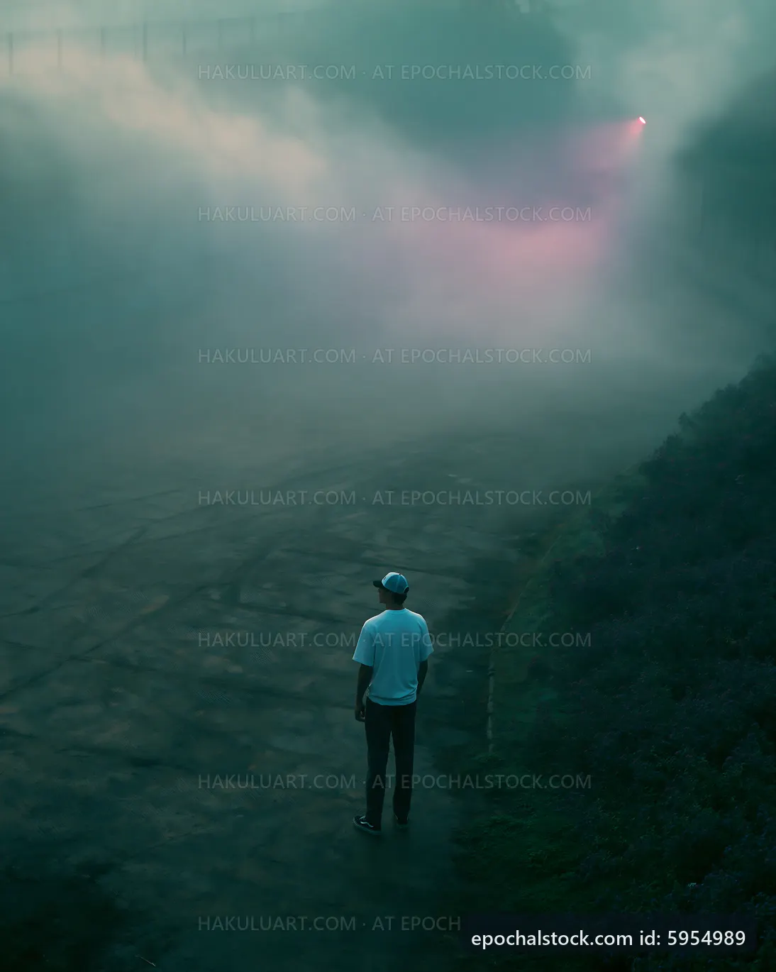 Man standing on a misty road with headlights in the background