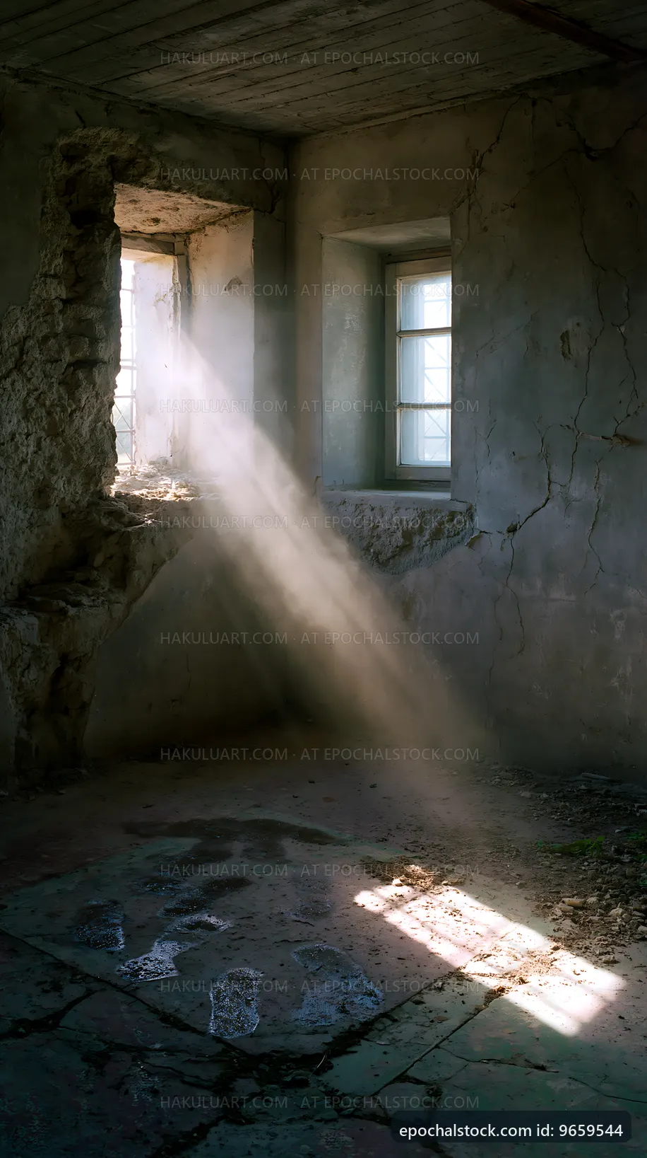 Light beams enter an old room through broken windows