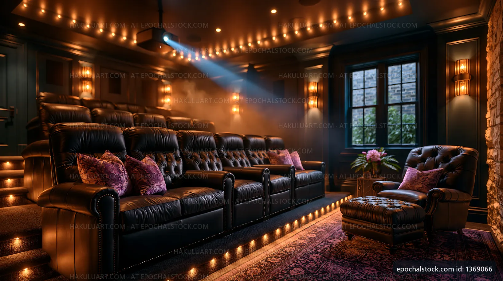 Home theater with comfortable seating and projector setup
