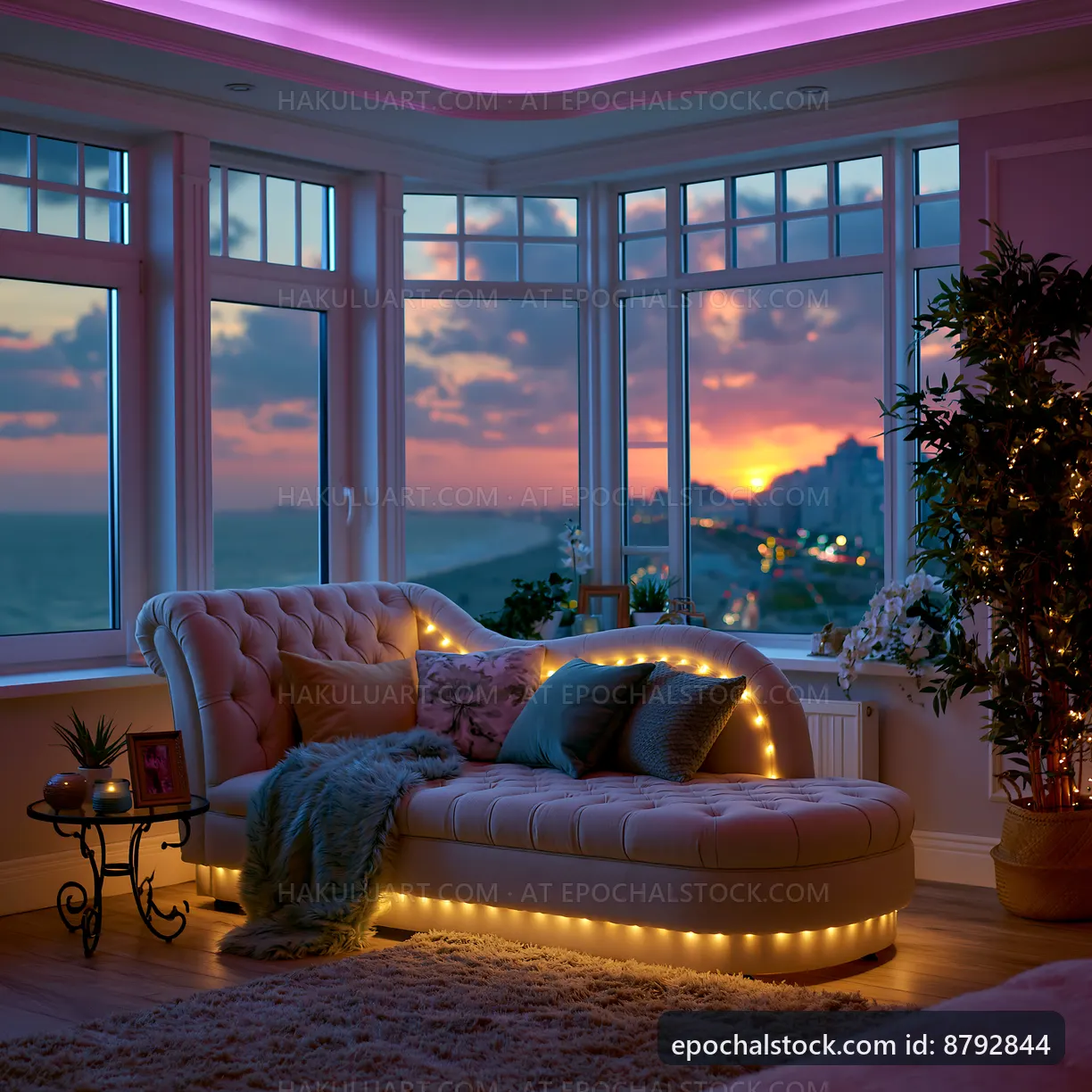 Cozy living room with sunset view from large windows