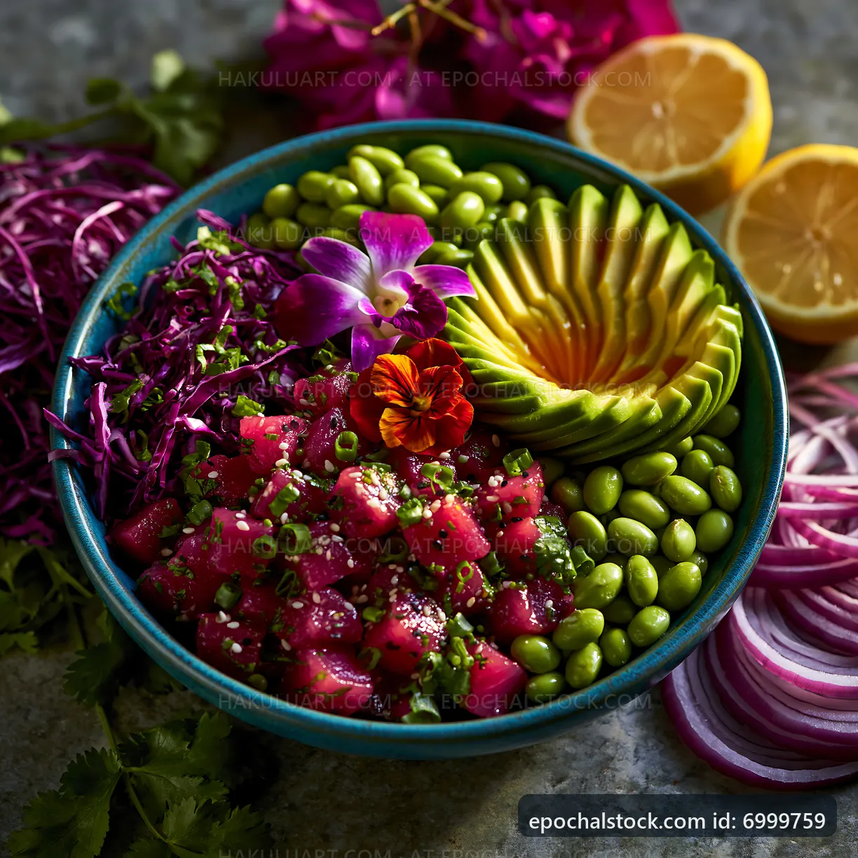 Fresh salad bowl with tuna, avocado, and vegetables