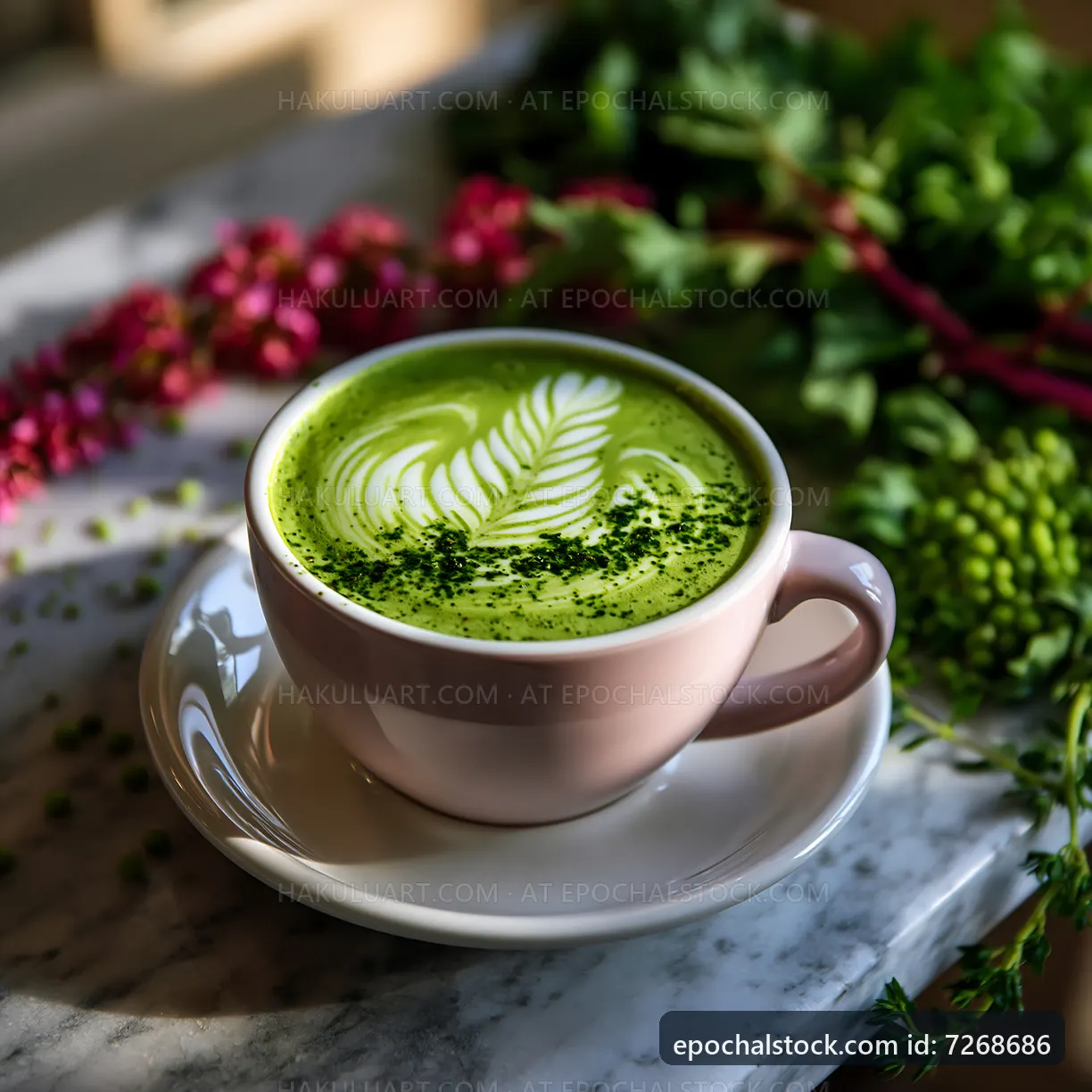 Green tea latte in a cup on a marble table with fresh herbs