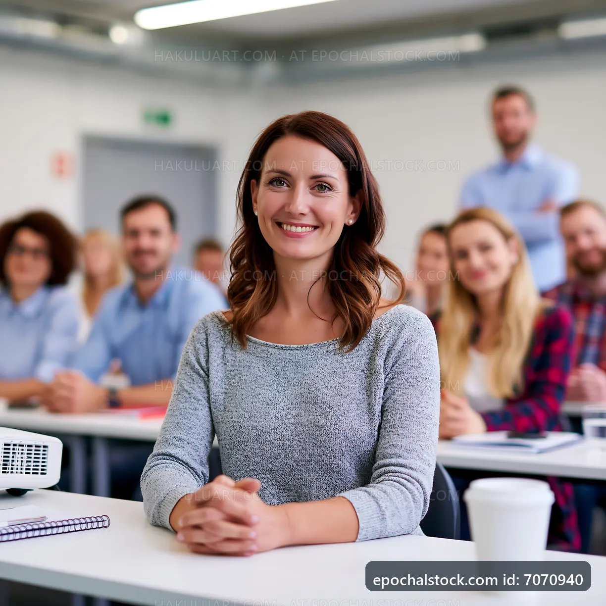Woman sitting in a classroom with students during a presentation