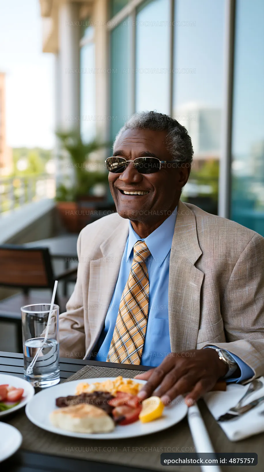Elderly man enjoys breakfast on a sunny terrace