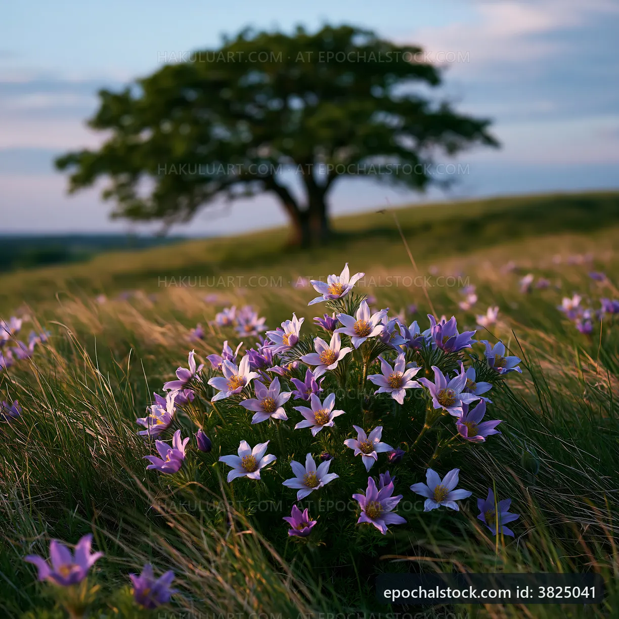 Flowers bloom in grassy field with tree in the background