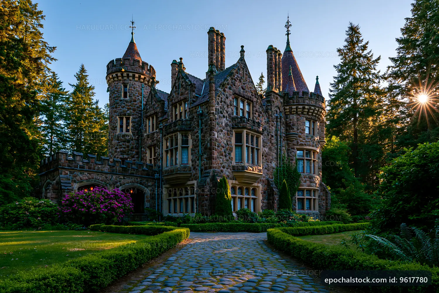 Stone castle with towers surrounded by trees in evening light