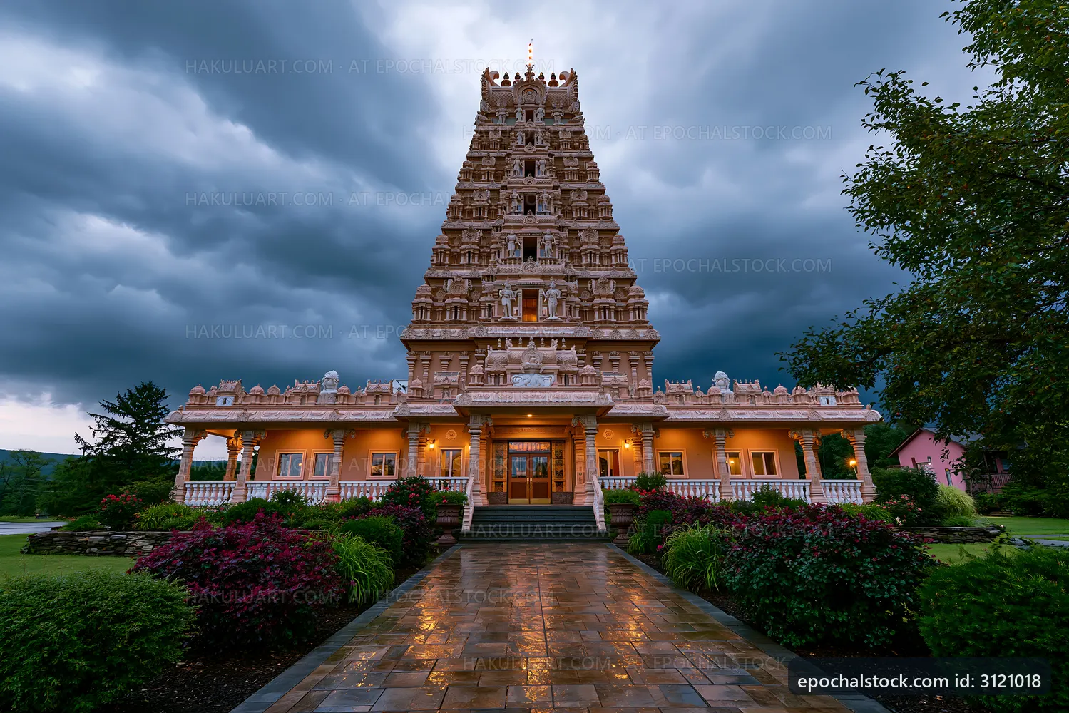 Hindu temple under dark stormy clouds in the evening