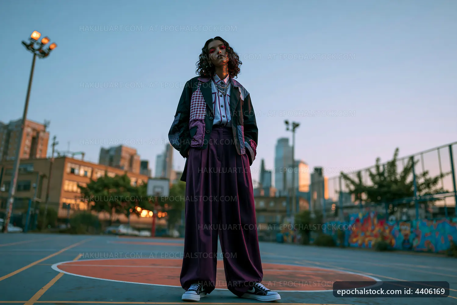 Person standing on basketball court in urban setting