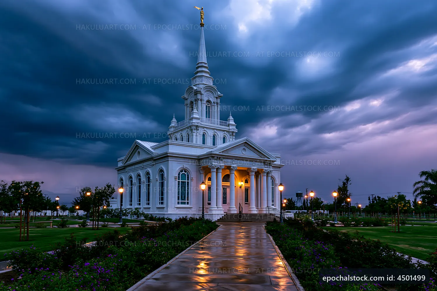 White church under stormy sky with pathway and lights