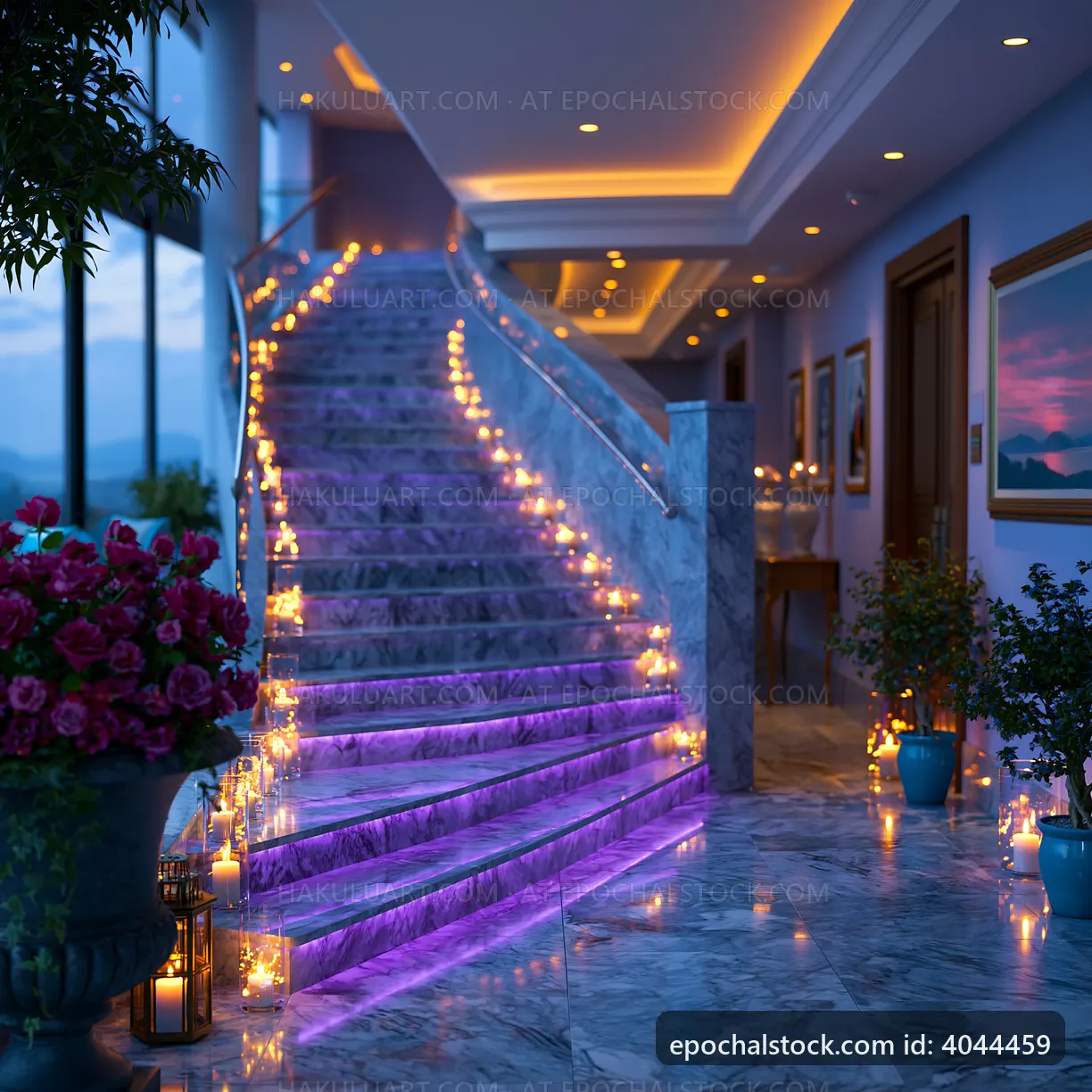 Stairs with glowing lights and candles in a well-decorated space