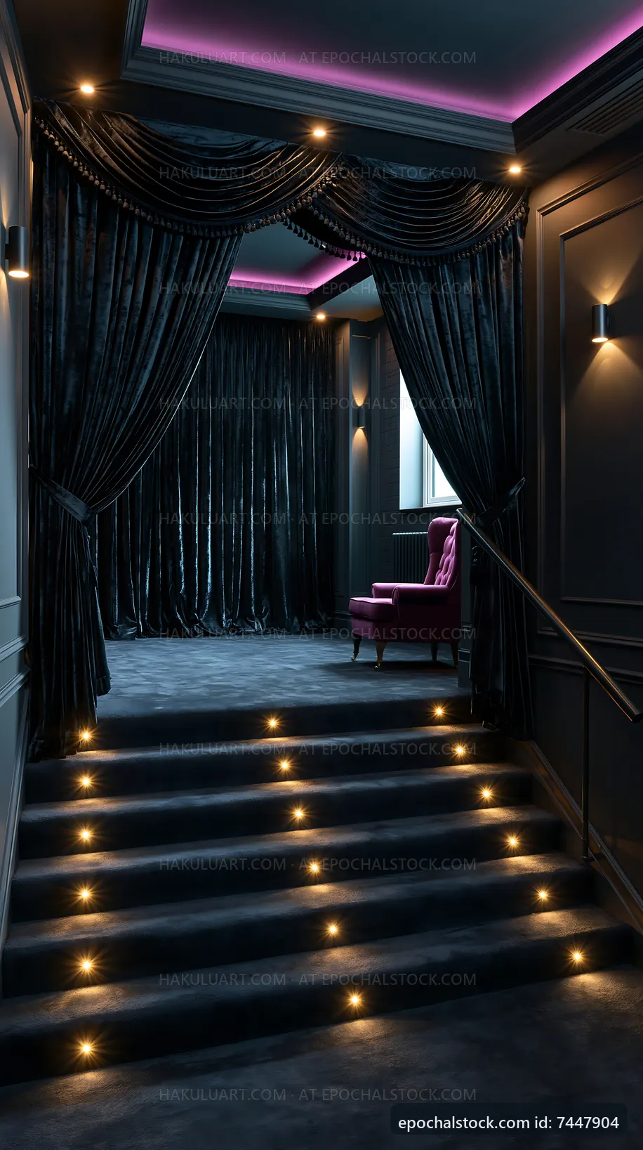 Elegant stairway leading to a room with pink armchair and curtains