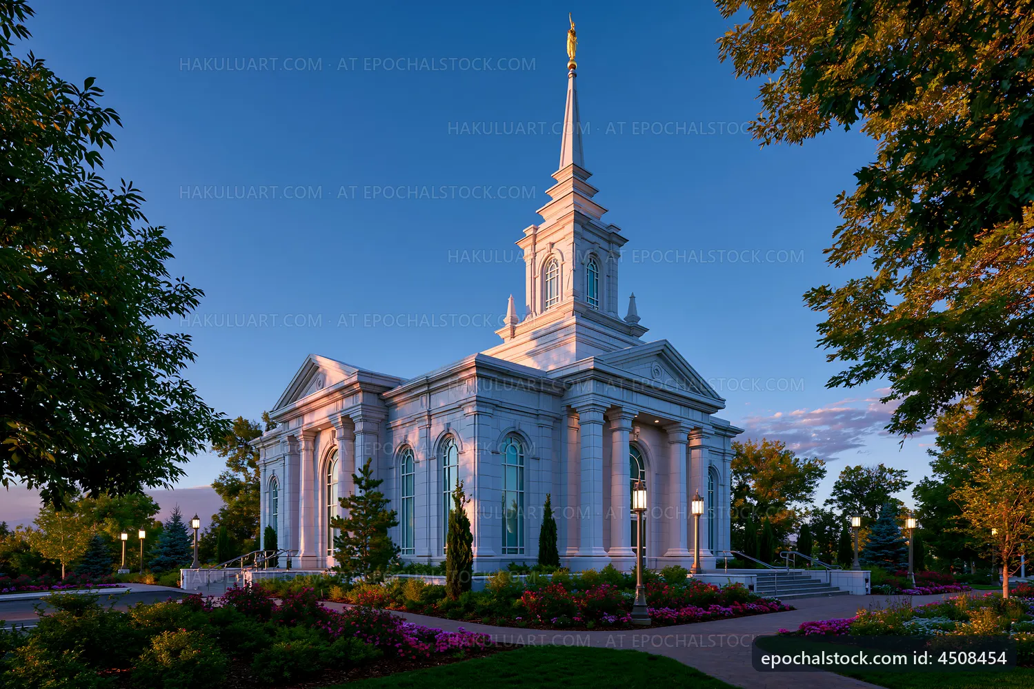Bright church building with garden in evening light
