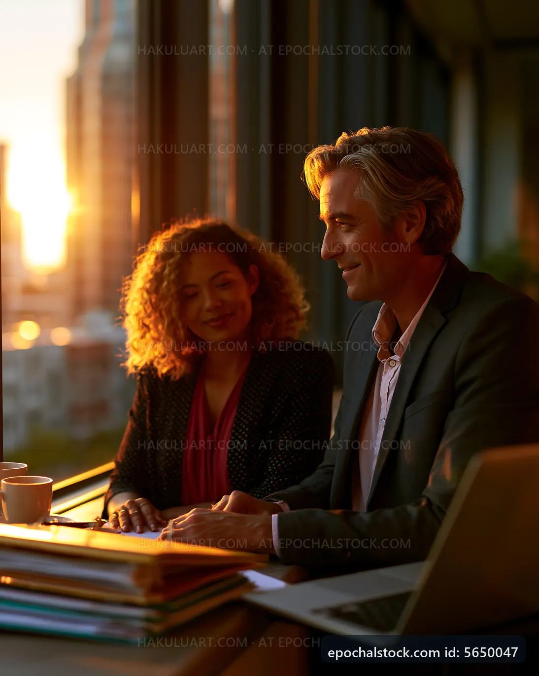 Business meeting at sunset in a modern office