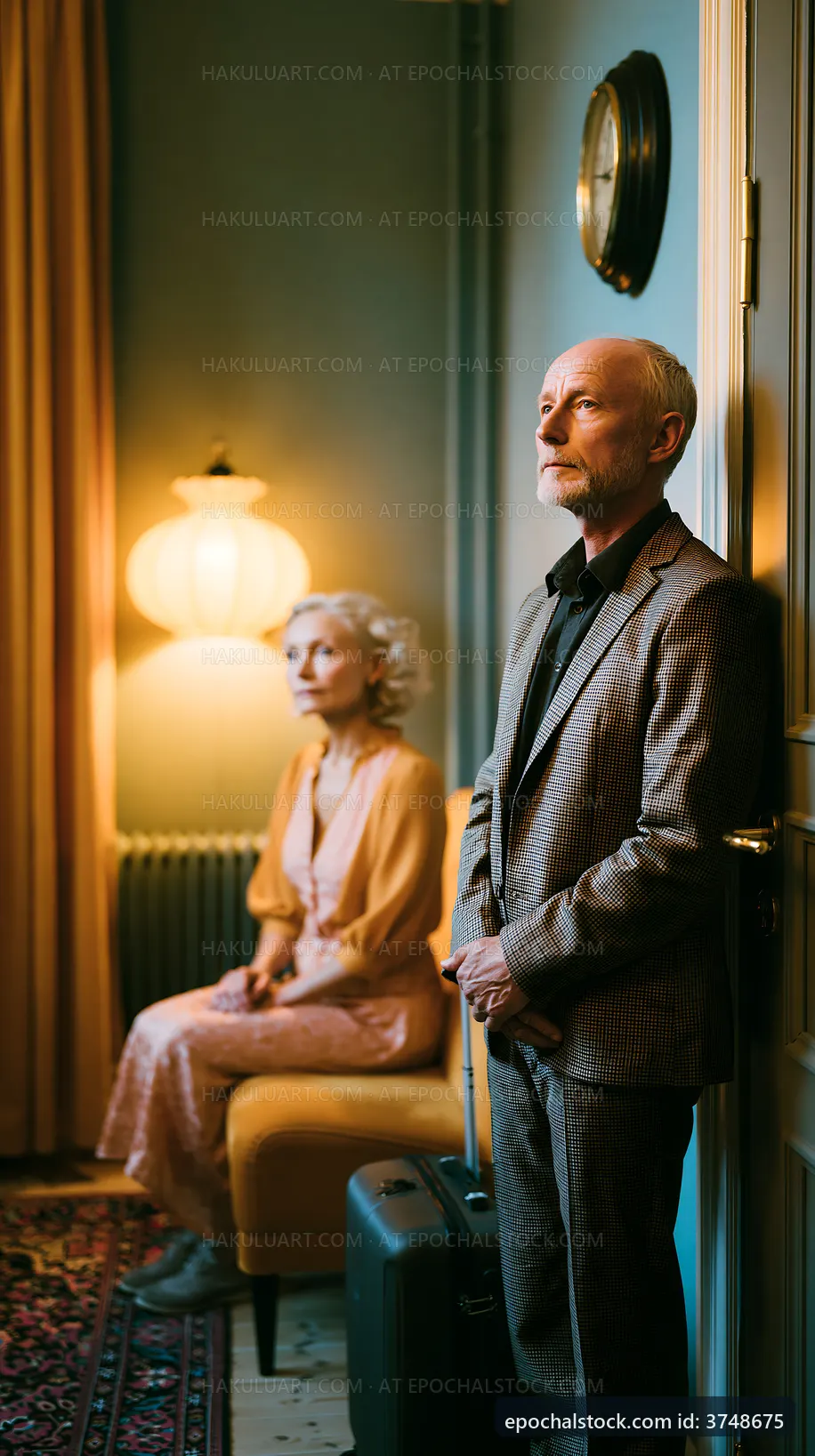 Couple waiting in a room with warm lighting and vintage decor