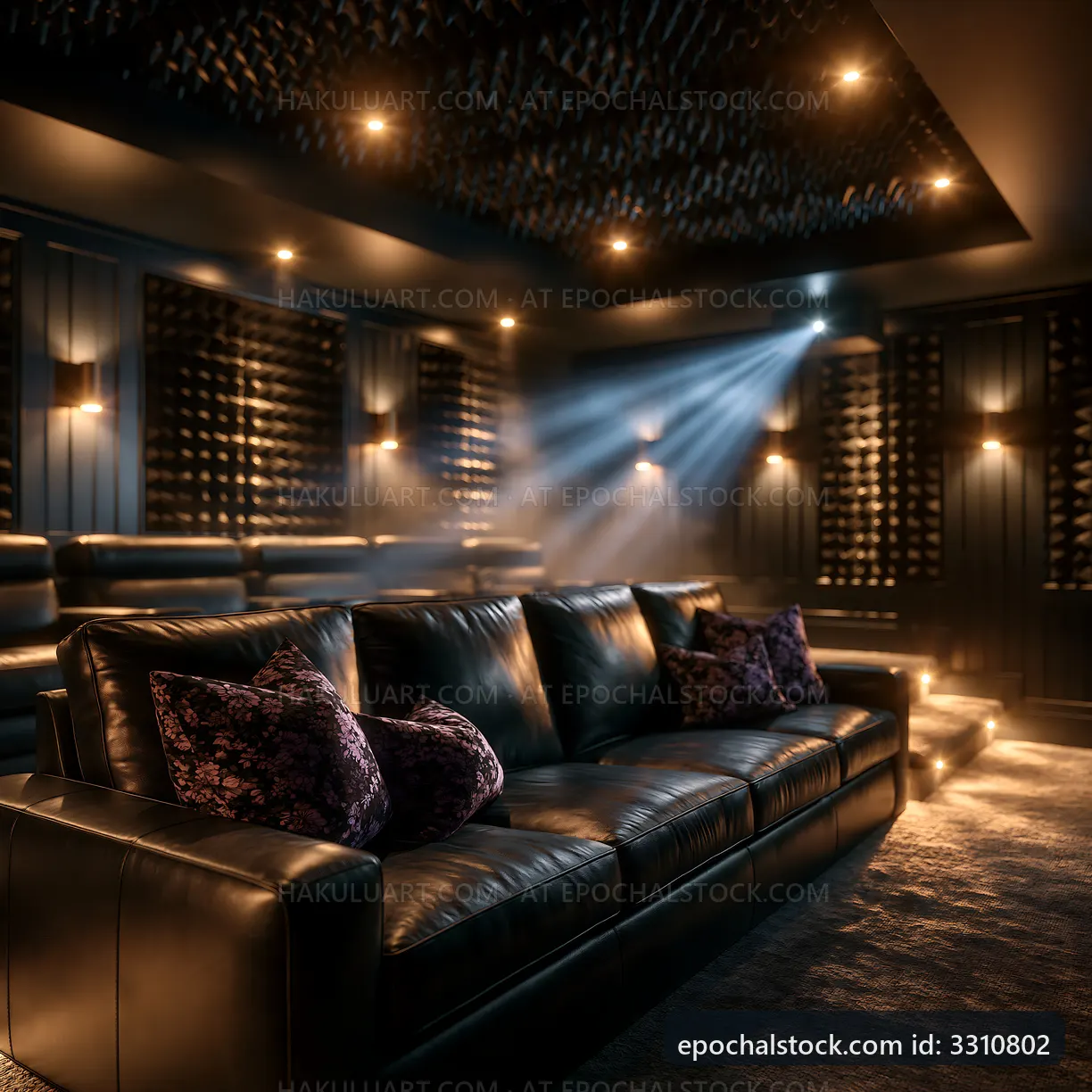 Cozy home theater with leather sofa and warm lighting