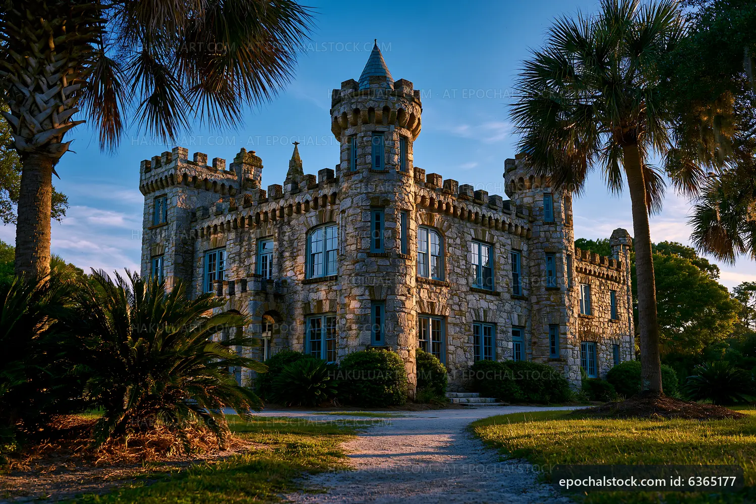 Historic stone castle surrounded by palm trees in daylight