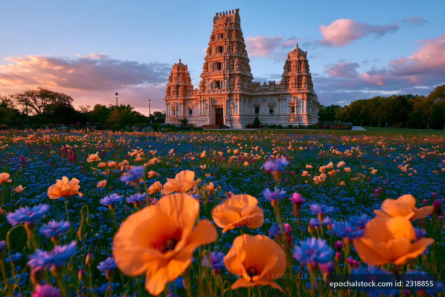 Colorful flowers in front of a temple at sunset