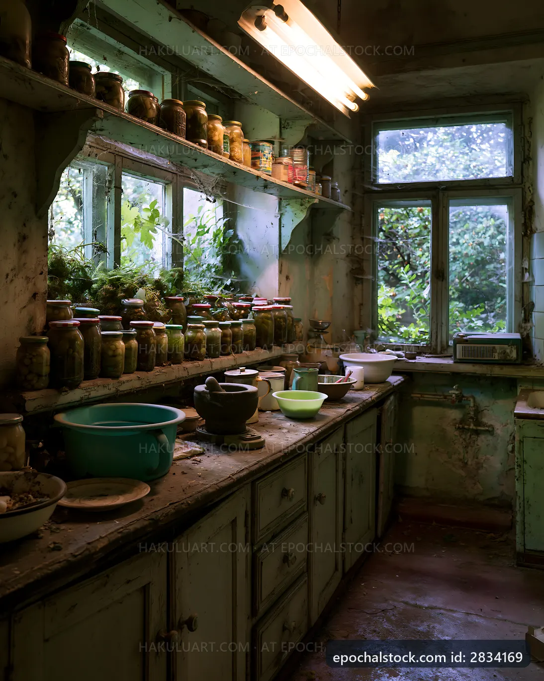 Old kitchen with jars and plants on shelves
