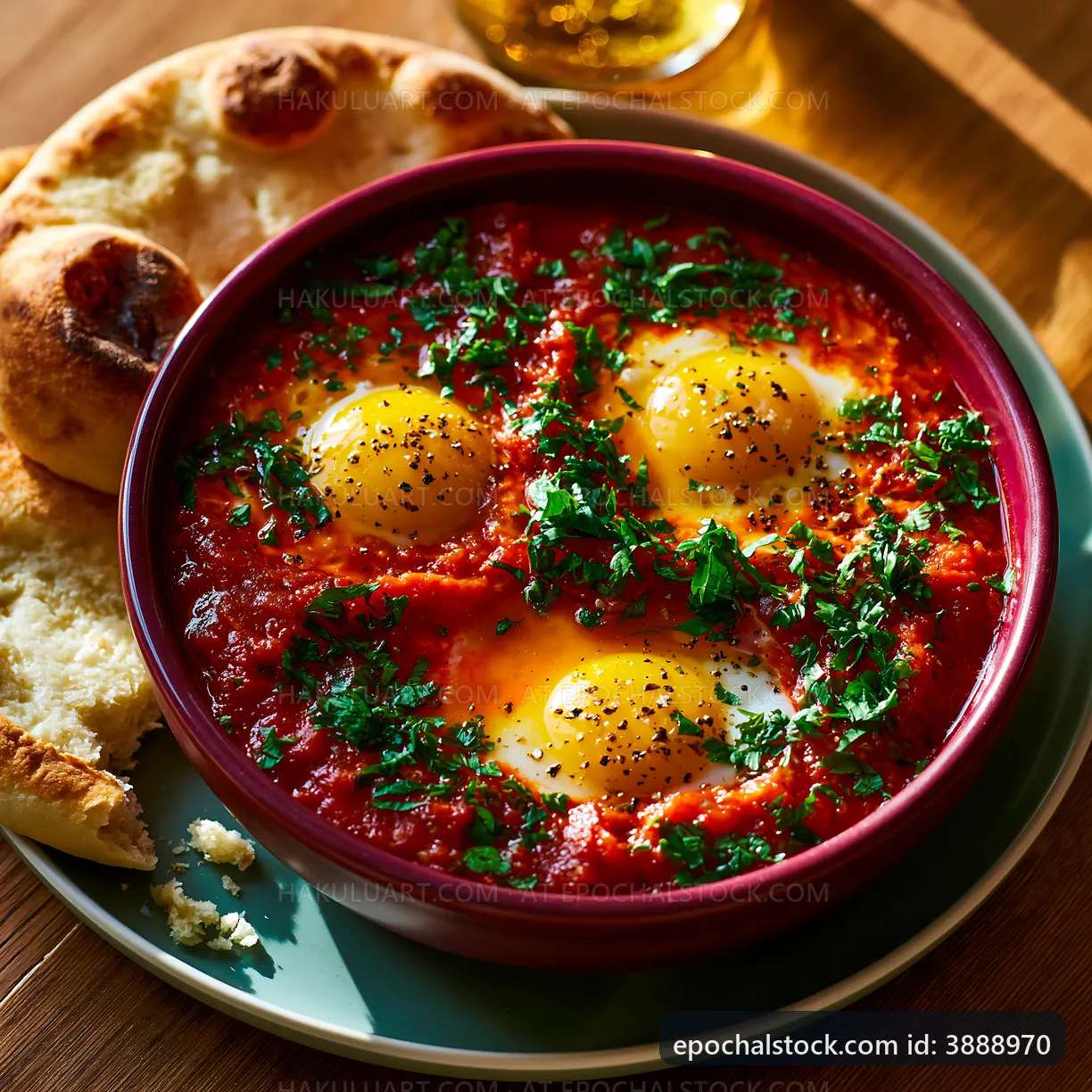 Eggs cooked in tomato sauce served with bread on a plate