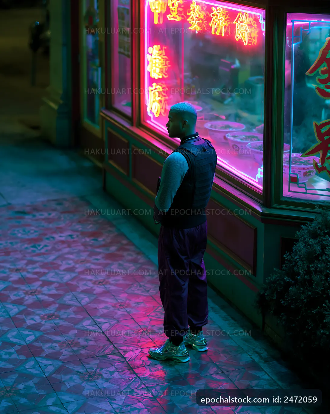 Man standing near neon-lit store in urban setting at night
