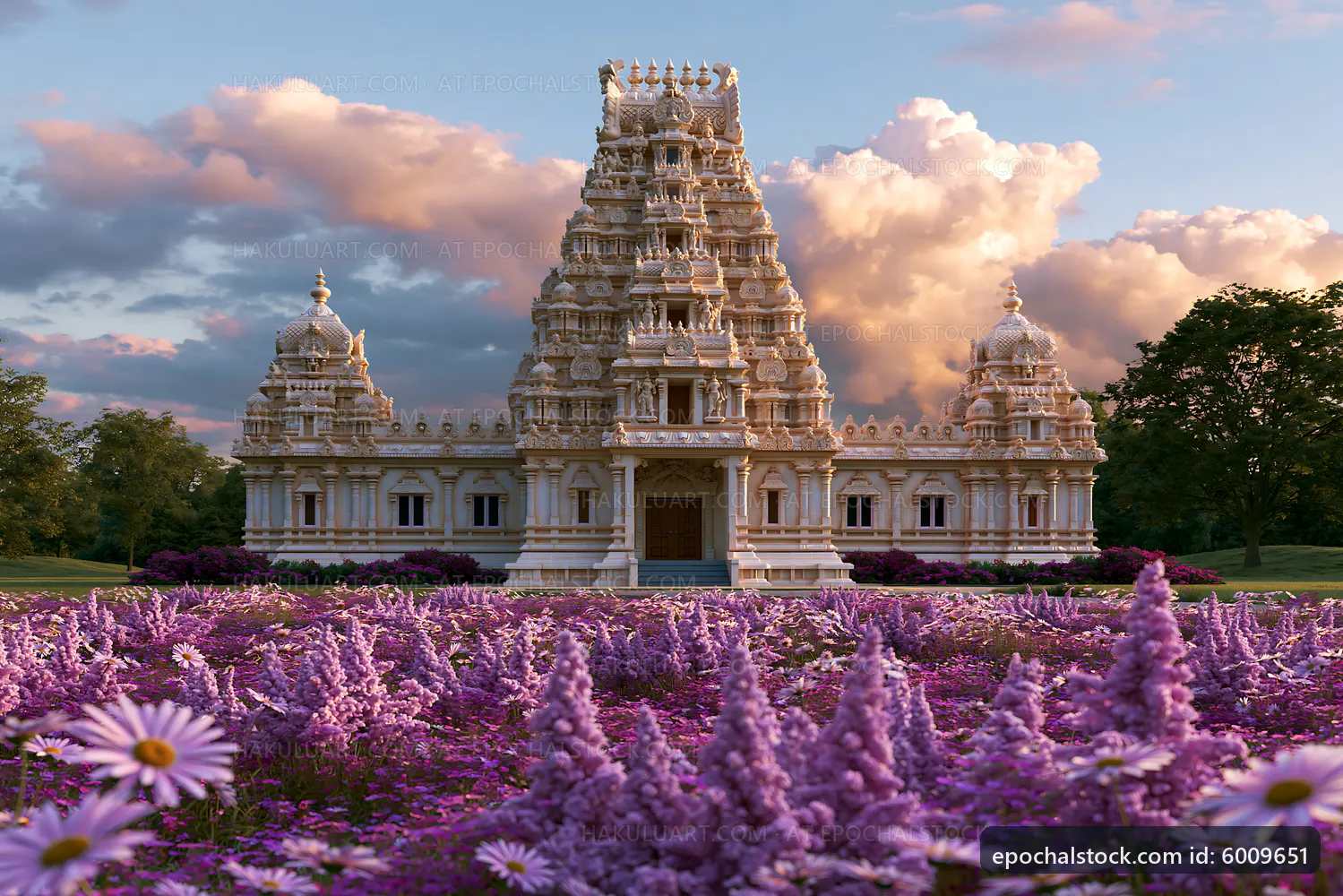 Temple surrounded by purple flowers at sunset