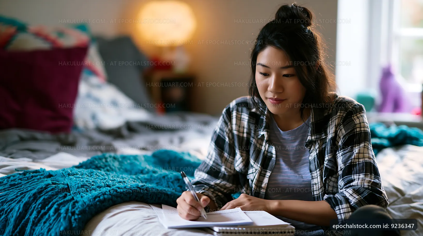 Young woman writing in notebook at home in cozy room
