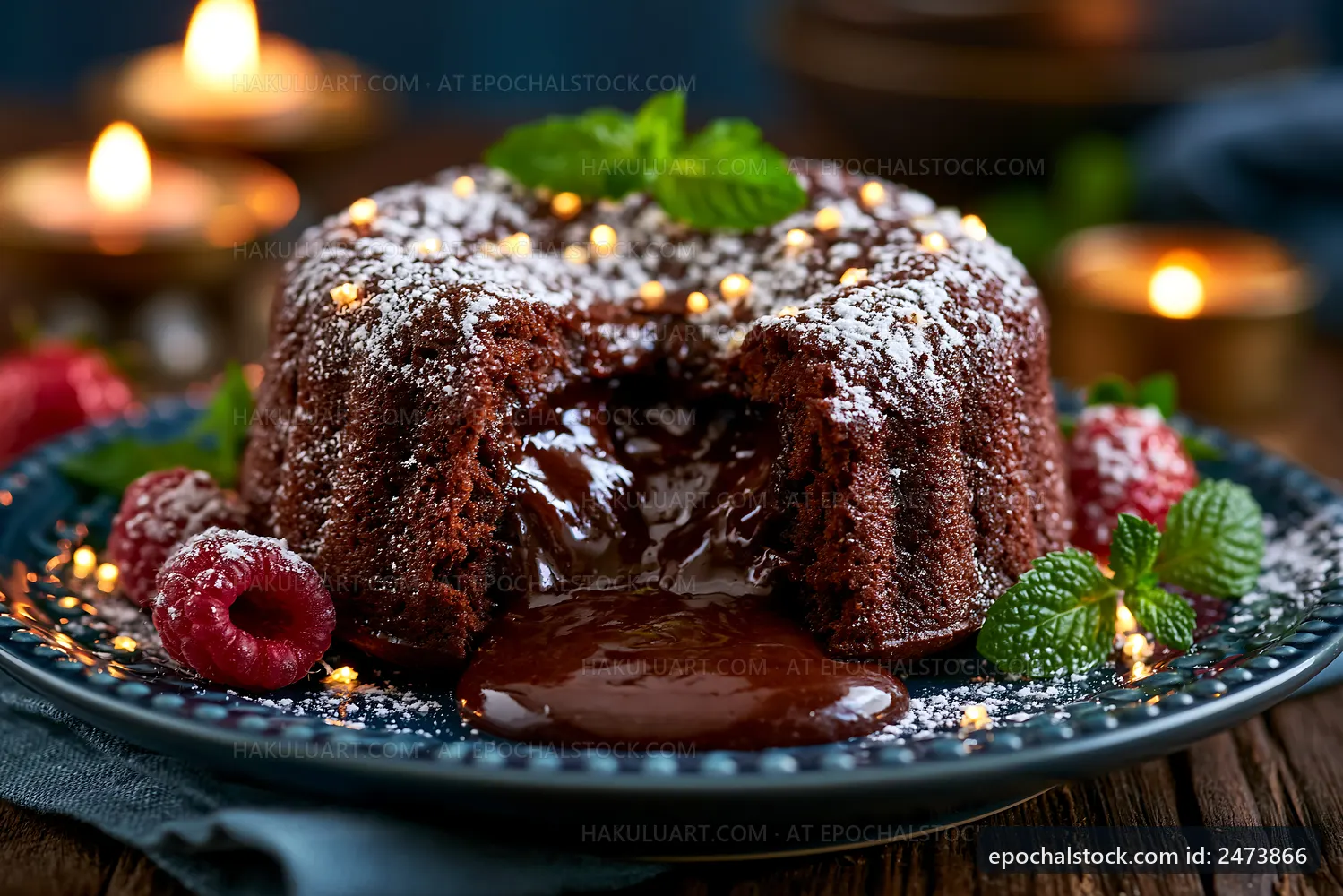 Chocolate lava cake served with fresh raspberries and mint leaves