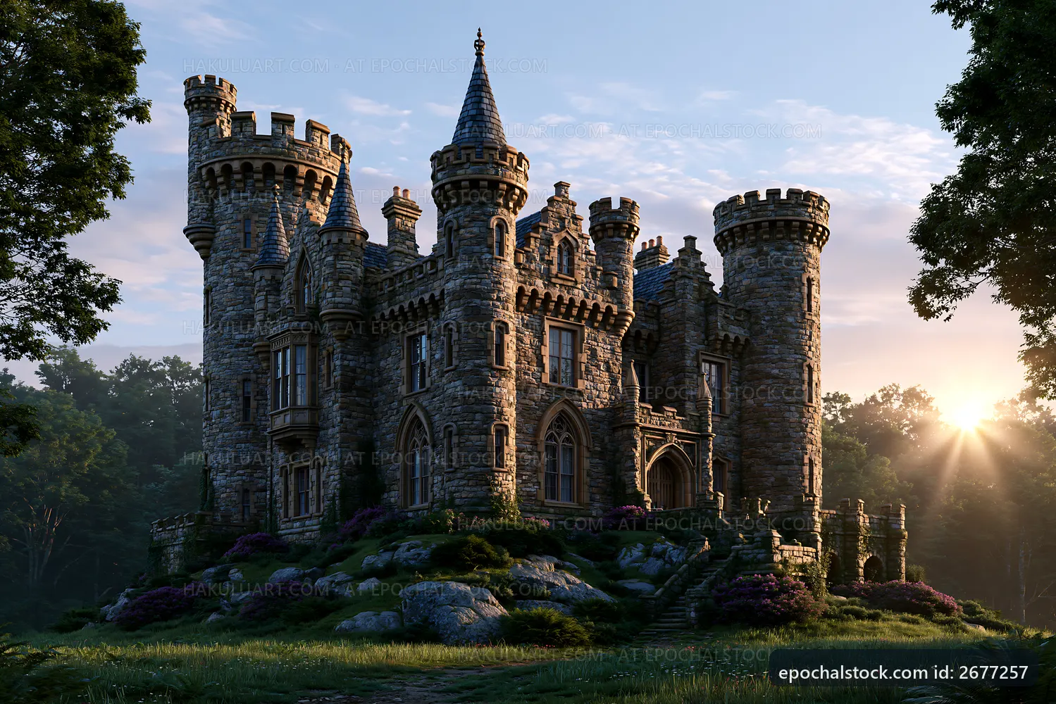 Castle surrounded by trees at sunset