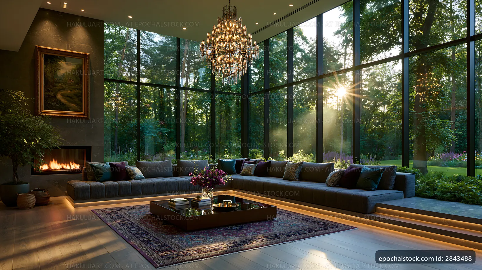 Modern living room with large windows and natural light