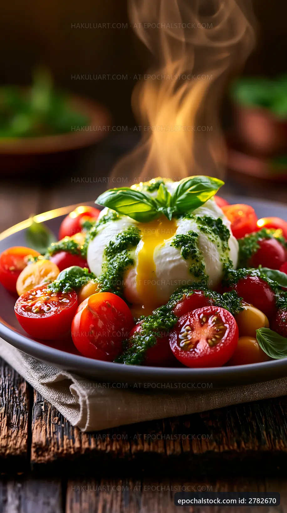 Burrata cheese with tomatoes and pesto on a wooden table
