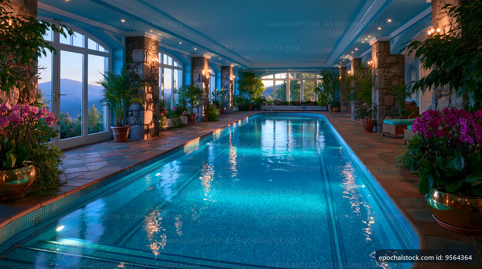Indoor swimming pool with plants and lights