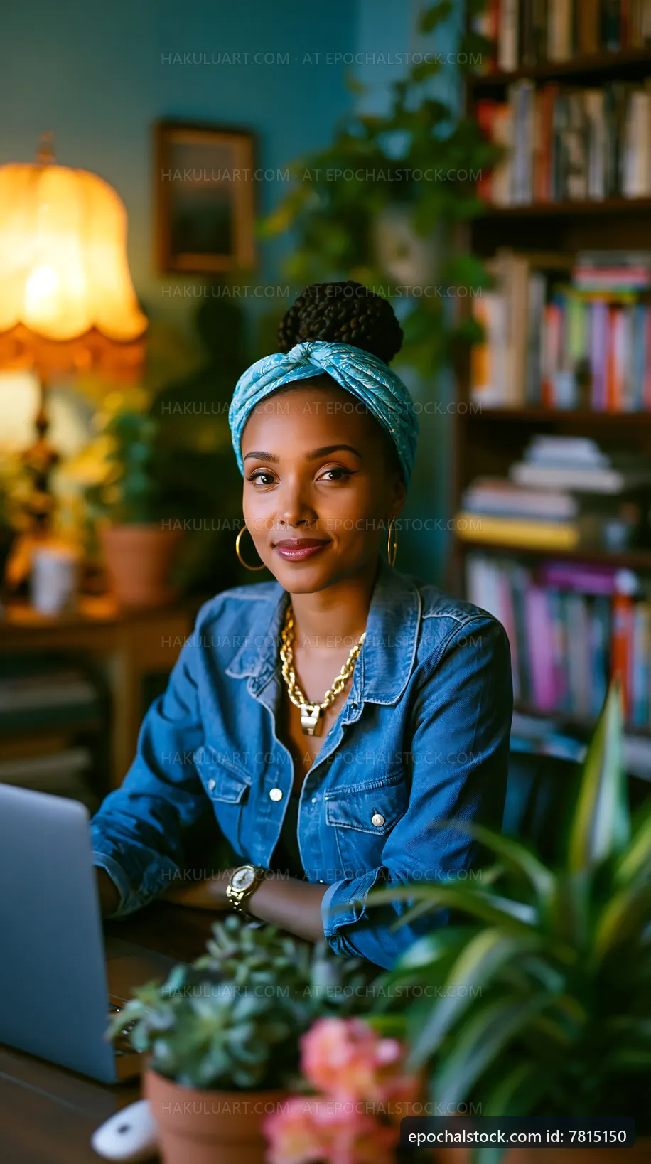 Woman working on laptop in cozy indoor space with plants