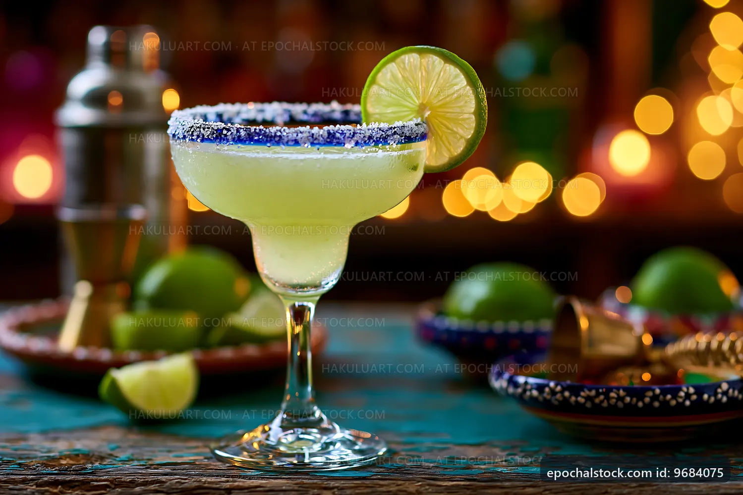 Margarita with lime on a wooden table in a lively setting